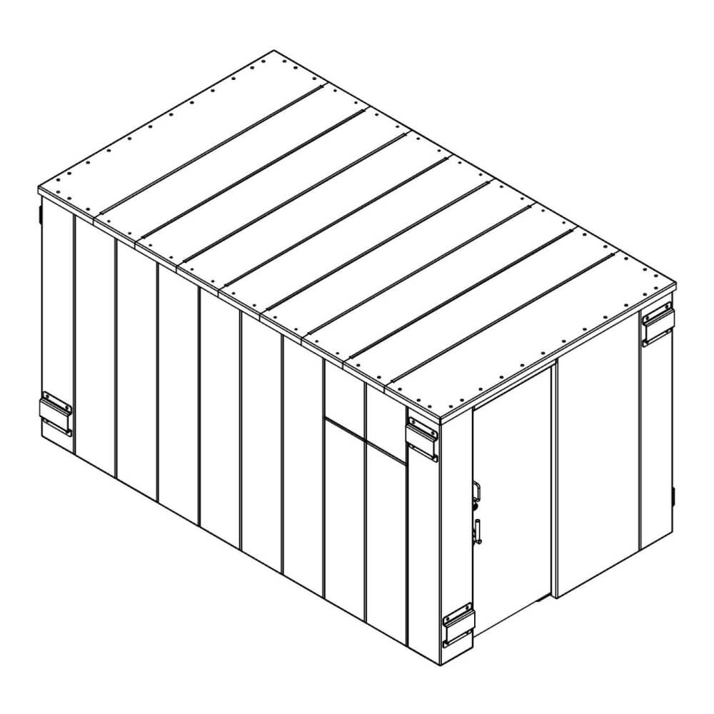Swisher 25 Person ESP Safety Shelter angled view, outdoor emergency shelter with double doors.