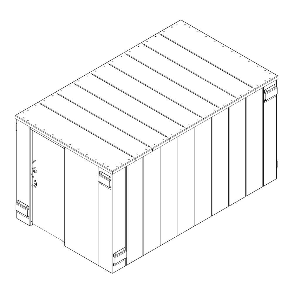 Swisher 25 Person ESP Safety Shelter angled view, featuring a secure door and sturdy construction.
