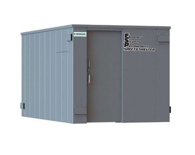 Swisher 25 Person ESP Safety Shelter, gray, angled view with door and ventilation features.