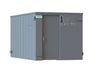 Swisher 25 Person ESP Safety Shelter, gray, angled view with door and ventilation features.
