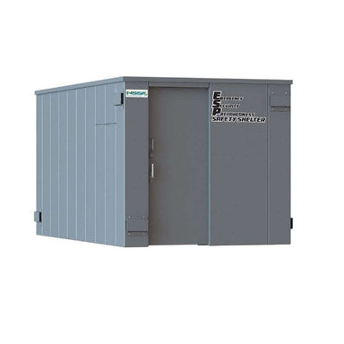 Swisher 25 Person ESP Safety Shelter, gray, angled view with door and ventilation features.
