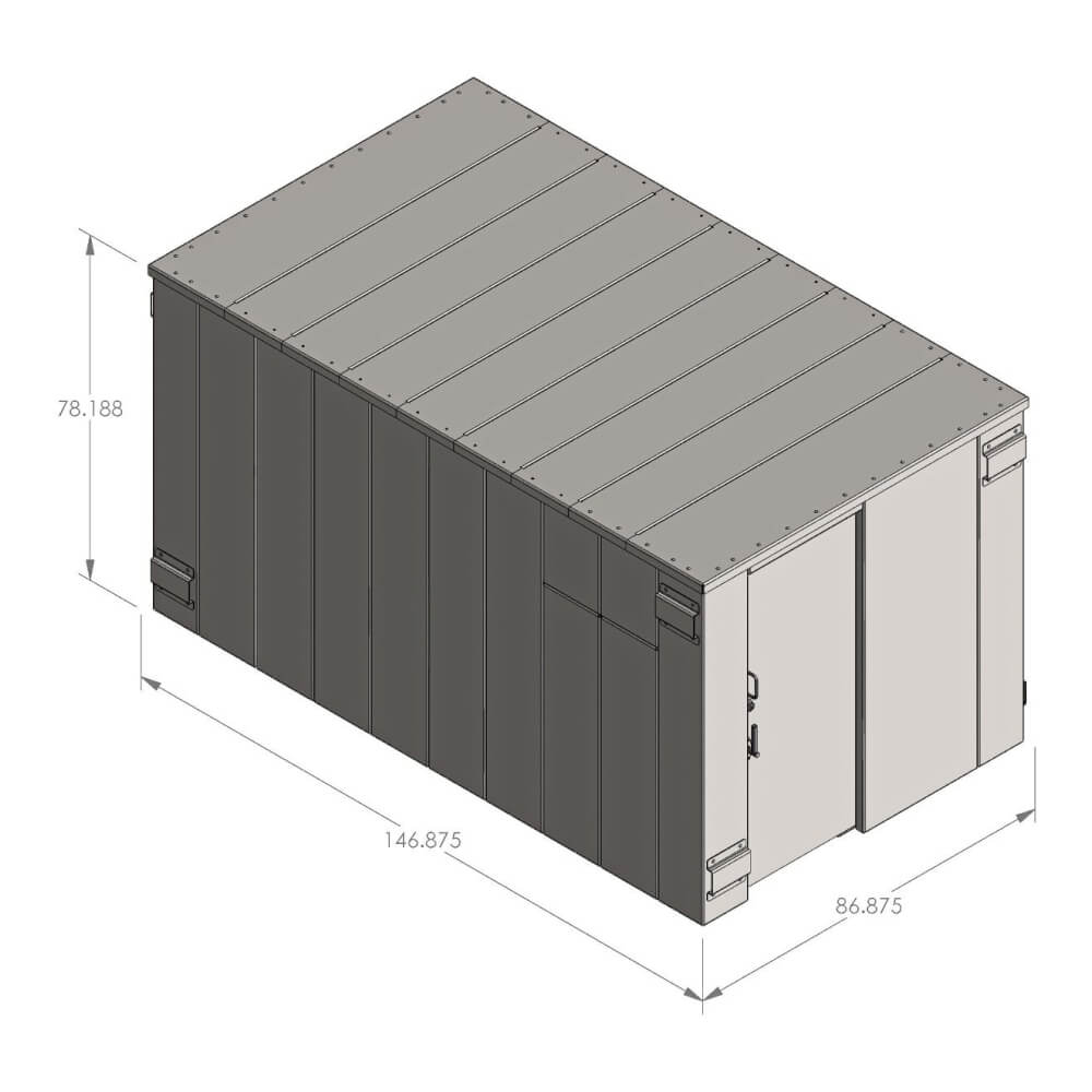 Swisher 25 Person ESP Safety Shelter, dark gray and light gray, top-down view with dimensions.