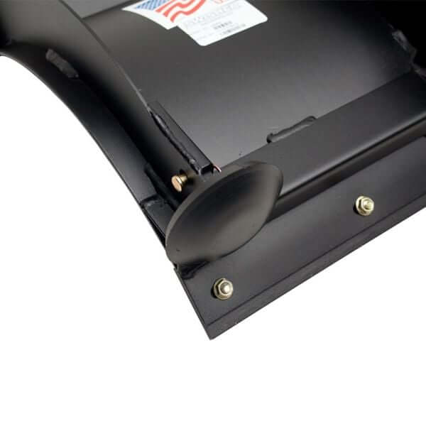 Swisher 2645R 50" ATV plow blade, black, angled view with attachment hardware details.