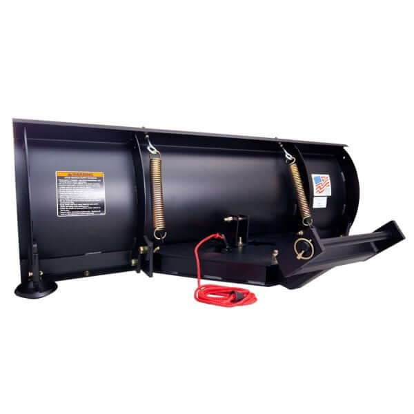 Swisher 2645R 50" ATV plow blade, black, angled view with springs and red tether.