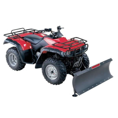 Swisher 2645R 50" ATV plow blade, angled view, gray blade with red ATV attachment.