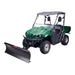 Swisher 2850 62" UTV Plow Blade attached to a green UTV, angled view with robust design.