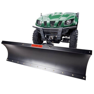 Swisher 2850 62" UTV plow blade, angled view, black with mounting hardware for versatility.