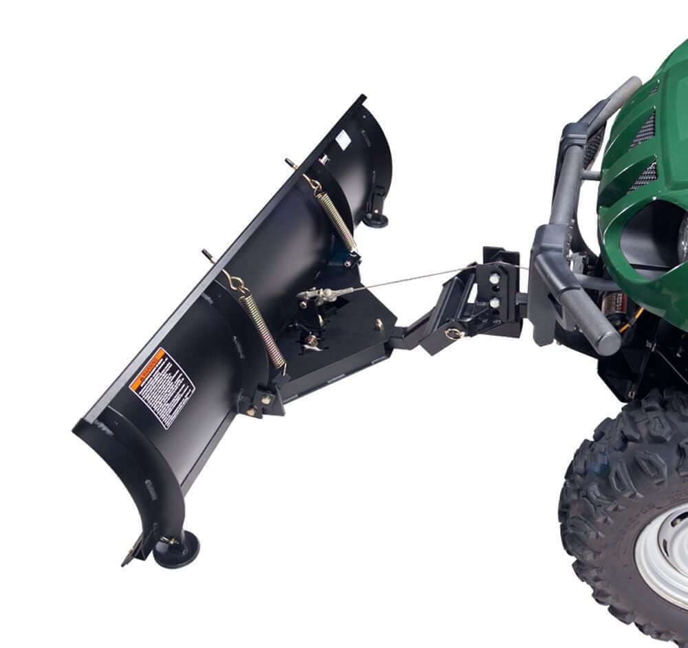 Swisher 2850 62" UTV plow blade angled view, black with mounting hardware and springs.