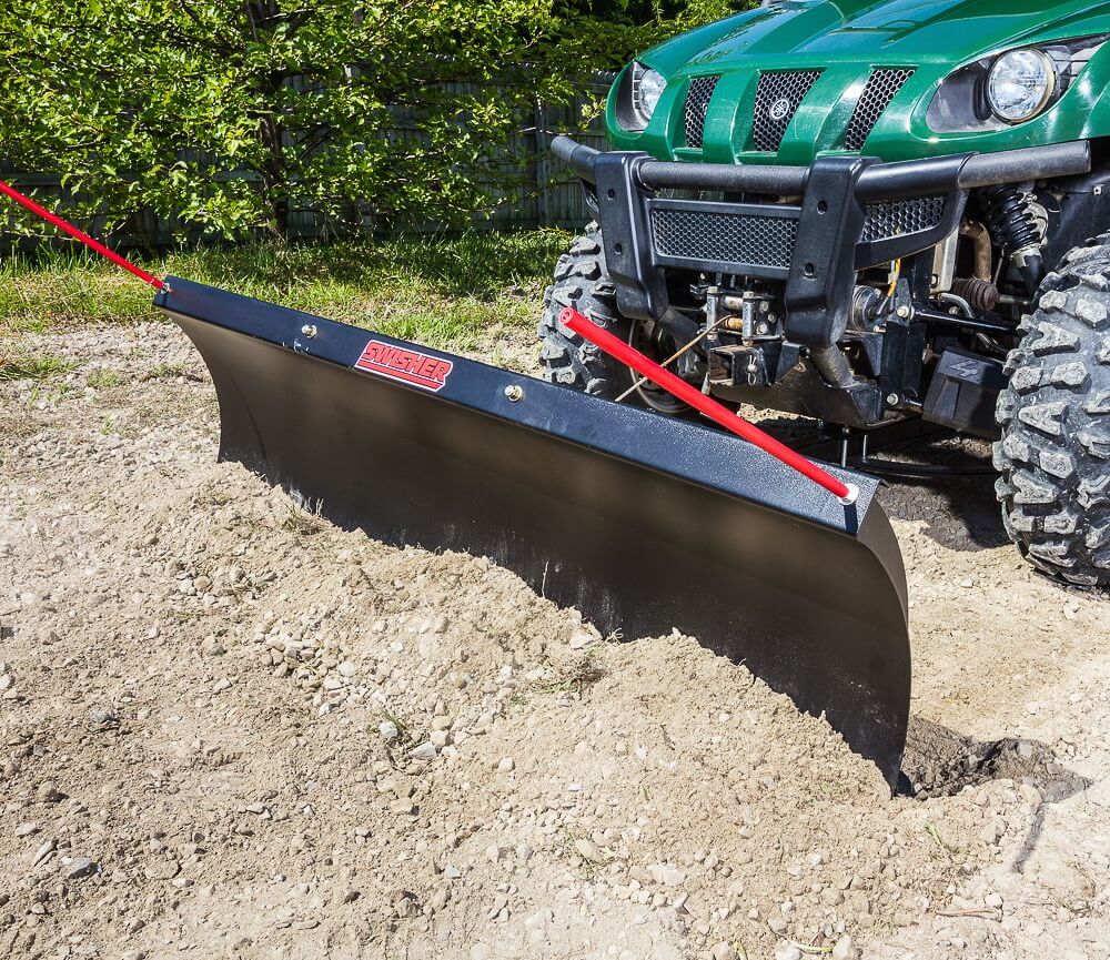 Swisher 2850 62" UTV plow blade, black with red push rods, angled front view.