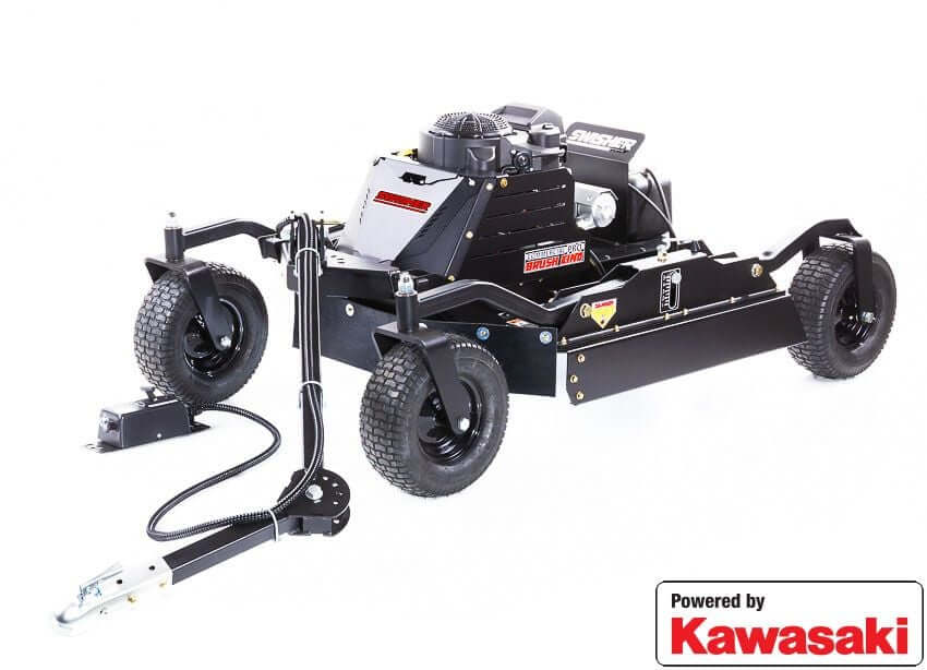 Swisher 44 Commercial Pro Rough Cut Mower, angled view, black with durable wheels and Kawasaki engine.