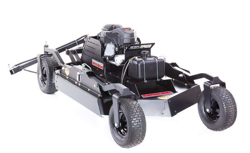Swisher 44 Commercial Pro Rough Cut Mower, angled view, black with large front wheels and engine.