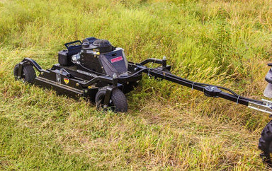 Swisher 44 Commercial Pro Rough Cut Mower, black, angled view with durable wheels and engine.