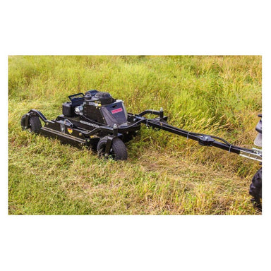 Swisher 44 Commercial Pro Rough Cut Mower, black, angled view with durable wheels and engine.