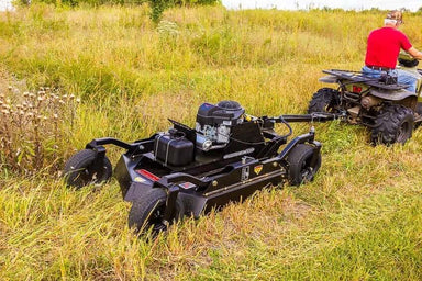 Swisher 44 Commercial Pro Rough Cut Mower, black, side view with powerful engine and rugged wheels.