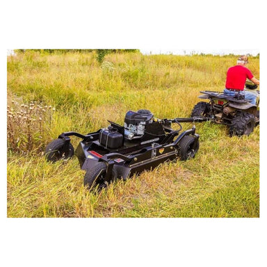 Swisher 44 Commercial Pro Rough Cut Mower, black, side view with powerful engine and rugged wheels.