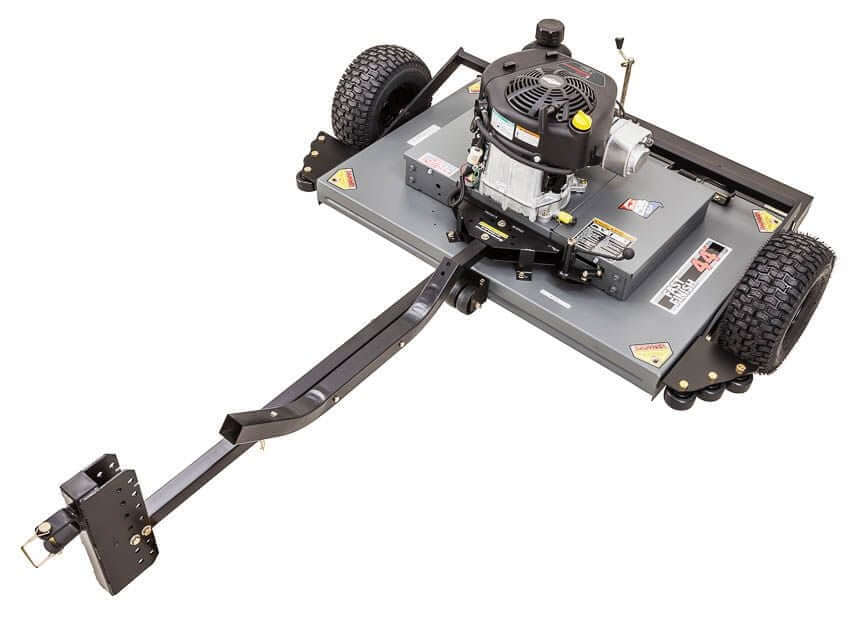 Swisher 44 Finish Cut Mower, angled view, featuring Briggs & Stratton engine and durable wheels.