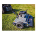 Swisher 44 Finish Cut Mower, gray color, angled view with Briggs & Stratton engine and wheels.