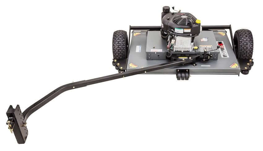 Swisher 44 Finish Cut Mower top-down view, gray with 12V engine and durable wheels.