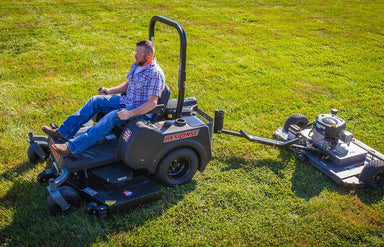 Swisher 44 Finish Cut Mower, black, top view with adjustable seat and wheels.