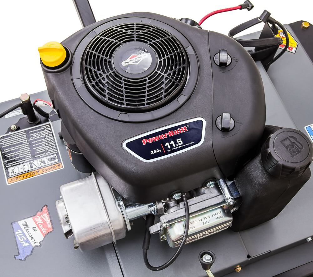 Swisher 44 Finish Cut Mower 11.5 HP Briggs & Stratton, top view with black engine and controls.