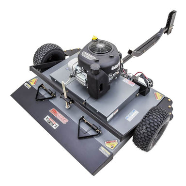 Swisher 44 Finish Cut Mower 12V 11.5 HP, top view with black wheels and durable metal frame.