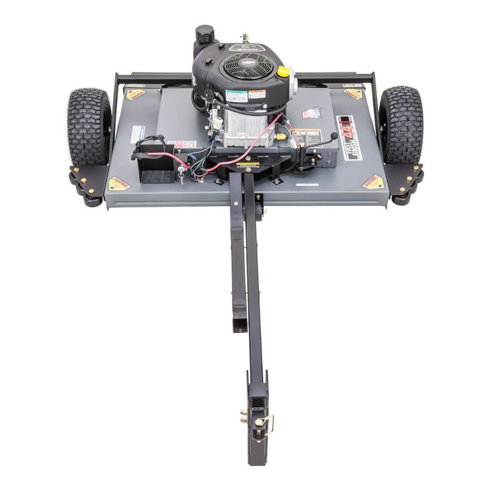 Swisher 44 Finish Cut Mower top view, gray with 12V Briggs & Stratton engine and support wheels.