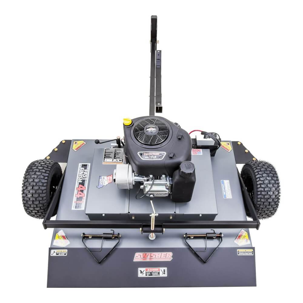 Swisher 44 Finish Cut Mower, top view, gray with 11.5 HP Briggs & Stratton engine and wheels.