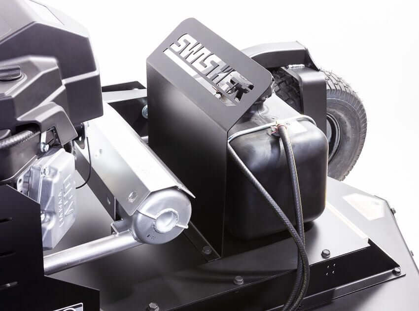 Swisher 44 Commercial Pro Rough Cut Mower, black, featuring Kawasaki engine and sturdy wheels.