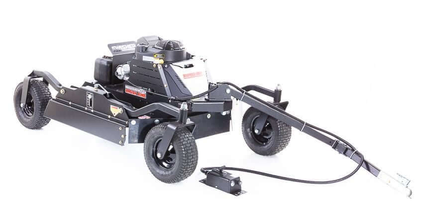 Swisher 44 Commercial Pro Rough Cut Mower, black with large wheels and angled design.