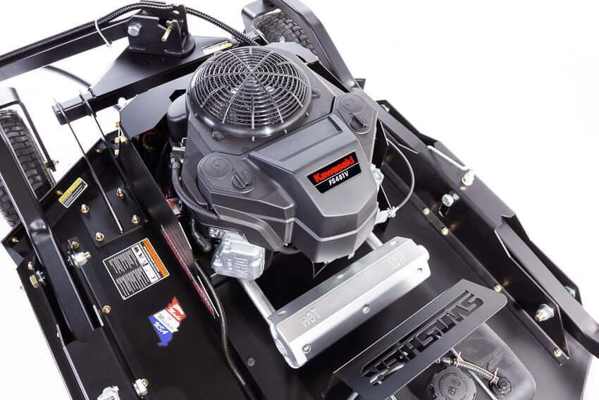 Swisher 44 Commercial Pro Rough Cut Mower, top view with Kawasaki engine and black metal chassis.