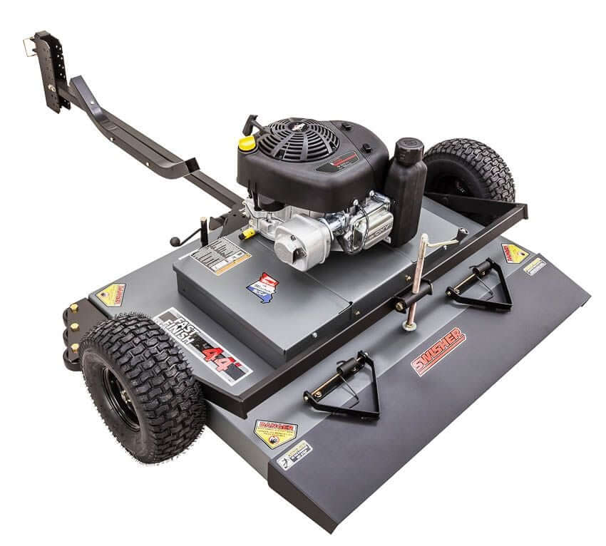 Swisher 44" Trail Mower with 11.5 HP Briggs & Stratton engine, angled view, features heavy-duty wheels.