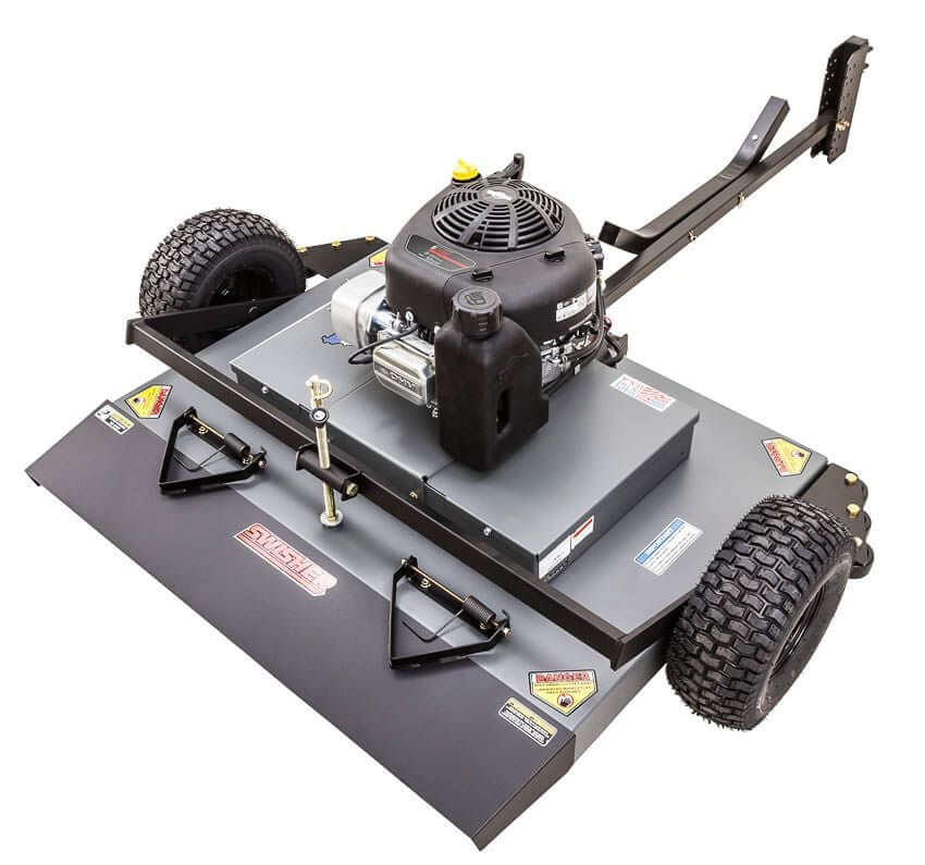 Swisher 44 Trail Mower with 11.5 HP engine, angled view, featuring robust tires and cutting deck.