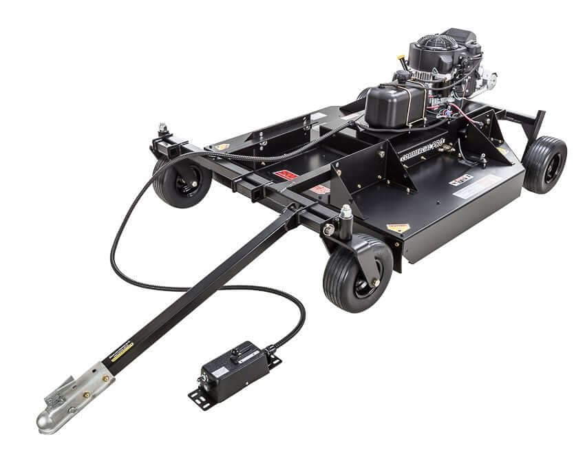 Swisher 52" Rough Cut Mower, 14.5 HP Kawasaki, black with wheels and towable design.