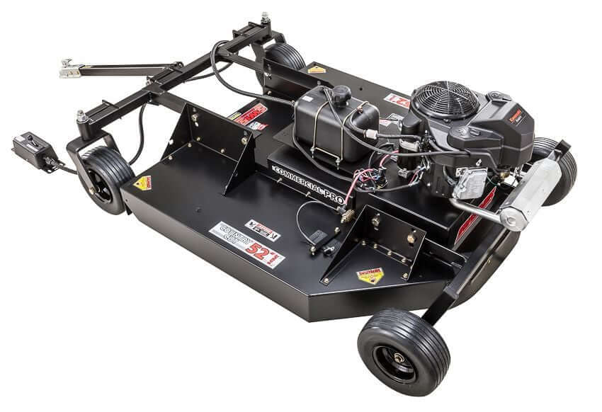 Swisher 52" Rough Cut Mower, 14.5 HP, 12V Kawasaki, black with detachable wheels and engine.