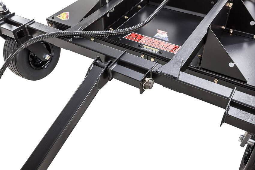 Swisher 52" Rough Cut Mower front view, black metal frame with wheels and cutting deck.