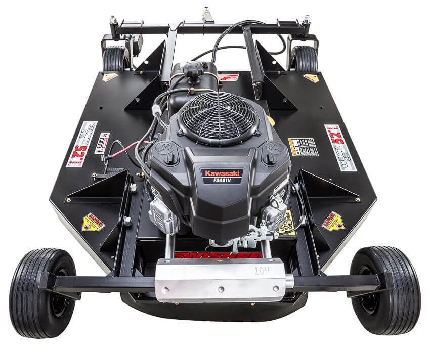 Swisher 52" Rough Cut Mower with Kawasaki engine, top-down view featuring black chassis and wheels.