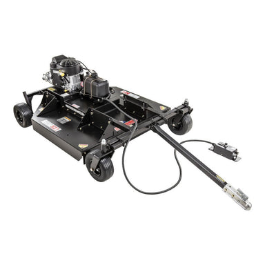Swisher 52" Rough Cut Mower, black, angled view, featuring wheels, engine, and tow hook.