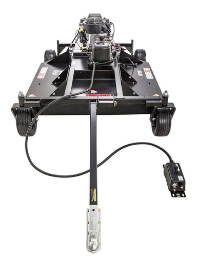 Swisher 52" Rough Cut Mower, front view, black with 14.5 HP Kawasaki engine and wheels.