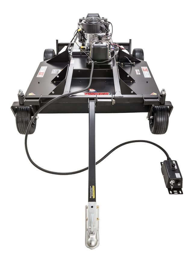 Swisher 52" Rough Cut Mower, front view, black with 14.5 HP Kawasaki engine and wheels.