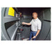Swisher 6 Person ESP Safety Shelter front view, gray with interior controls and safety features.