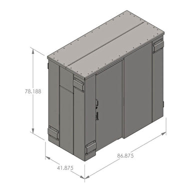 Swisher 6 Person ESP Safety Shelter front view, gray with two doors and precise dimensions.