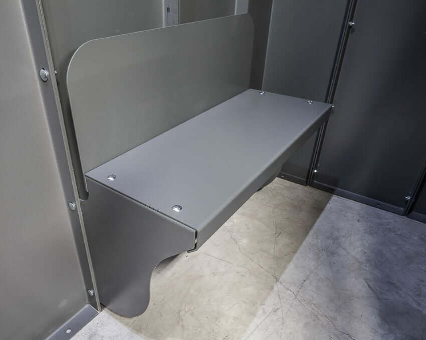 Swisher 6 Person ESP Safety Shelter gray interior bench with sturdy construction and seamless design.