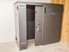 Swisher 6 Person ESP Safety Shelter, gray metal construction with a sturdy door and lock.