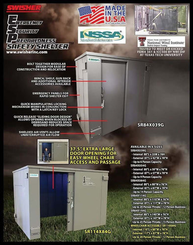 Swisher ESP Safety Shelter for six people, gray, features a large door opening and ventilated design.
