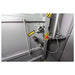Swisher 6 Person ESP Safety Shelter interior door latch, grey with safety labels and locking mechanism.