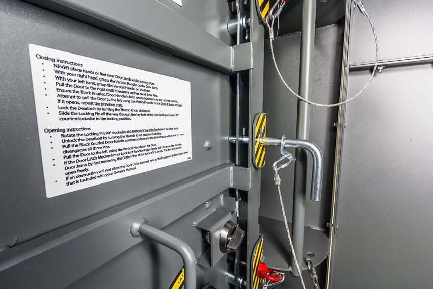 Swisher 6 Person ESP Safety Shelter interior view, featuring locking mechanism and detailed instructions.