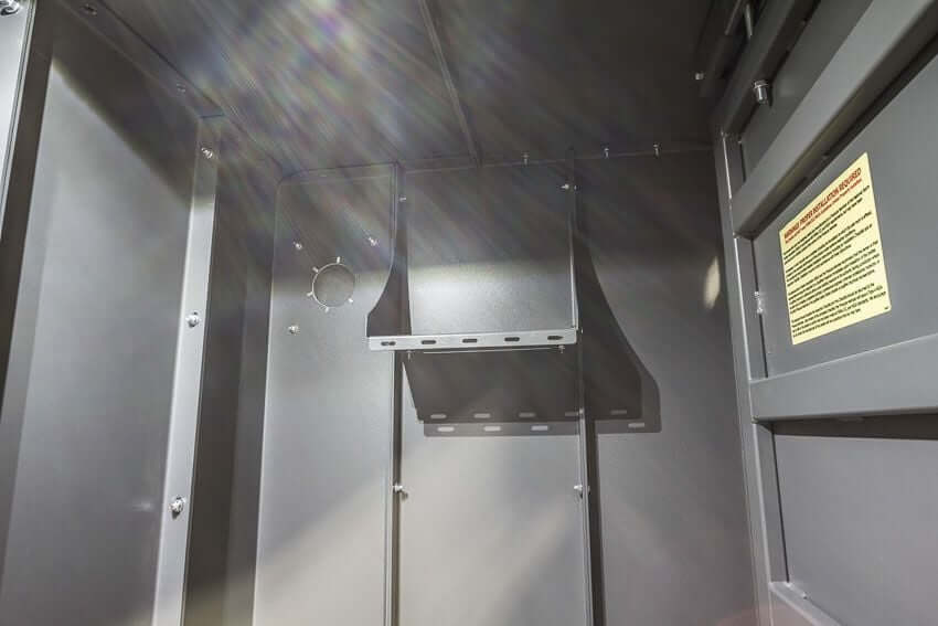 Swisher 6 Person ESP Safety Shelter interior view, gray metal with mounting brackets and ventilation.