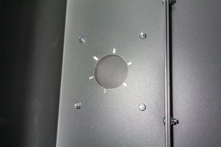 Swisher 6 Person ESP Safety Shelter top view, gray metal with circular vent and screws.