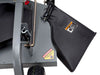 Swisher 60" Trail Mower front view, gray with black discharge chute and safety decals.