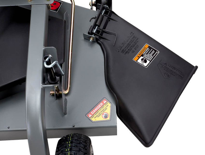 Swisher 60" Trail Mower front view, gray with black discharge chute and safety decals.